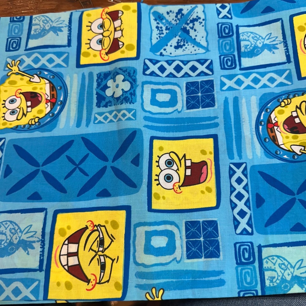 Vintage SpongeBob SquarePants Cotton Fabric Blue Tiki Pineapple Print 49x44